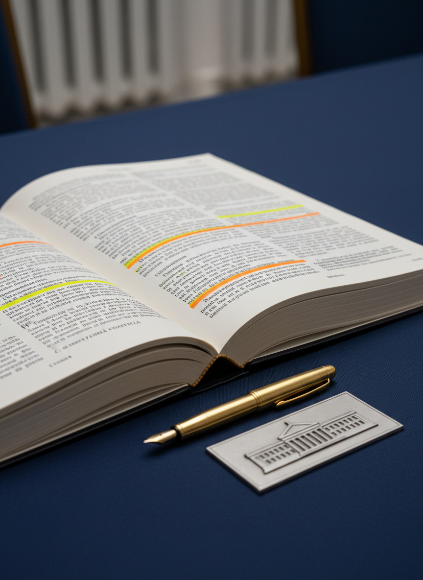 A thick, open legal-style binder with cream-colored pages lies on a dark navy conference table, showing meticulously highlighted paragraphs under headings such as “Constituție” and “Reformă Politică” in Romanian. Beside it rests a polished brass fountain pen and a small, embossed emblem of a stylized parliament building on a metal plaque. Soft, directional overhead lighting creates gentle shadows along the binder’s spine and subtle reflections on the brass, enhancing detail in the printed text. The environment is minimal and formal, with a blurred backdrop of simple vertical lines suggesting institutional architecture. Photographed at a low, side-on angle with a shallow depth of field, the focus is on the open pages, conveying serious, in-depth political analysis in a refined, professional photographic realism style.