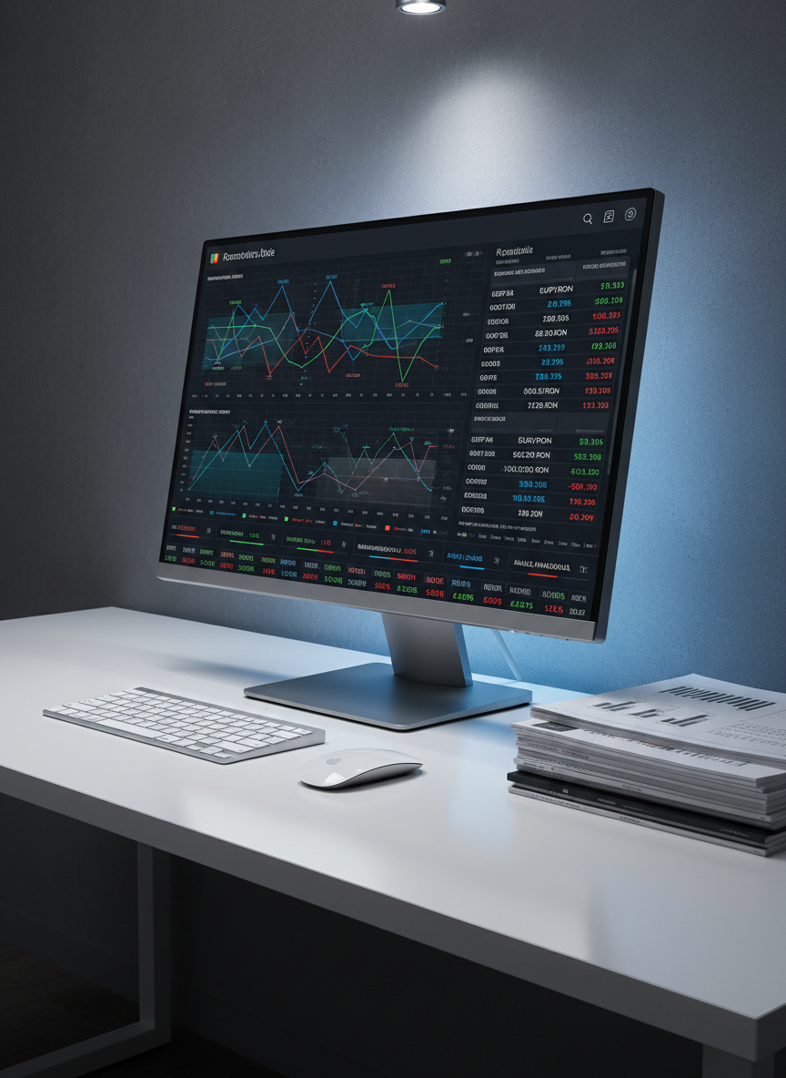 A high-resolution widescreen monitor displays a complex Romanian economic dashboard with line graphs, stock tickers, and currency pairs in vibrant blues, greens, and reds against a dark interface. The monitor sits on a pristine white desk beside a slim, metallic keyboard and a neatly arranged stack of printed financial reports with visible charts. Discreet LED backlighting behind the monitor casts a soft blue glow on a textured gray wall, while a single overhead light adds clean, neutral illumination. The mood is analytical and data-driven, evoking precise economic reporting. Captured from a three-quarter angle at desk height, the composition uses the rule of thirds, with the screen as the main focal point and the papers providing contextual depth. The overall style is clean, modern, and hyper-realistic photographic imagery.