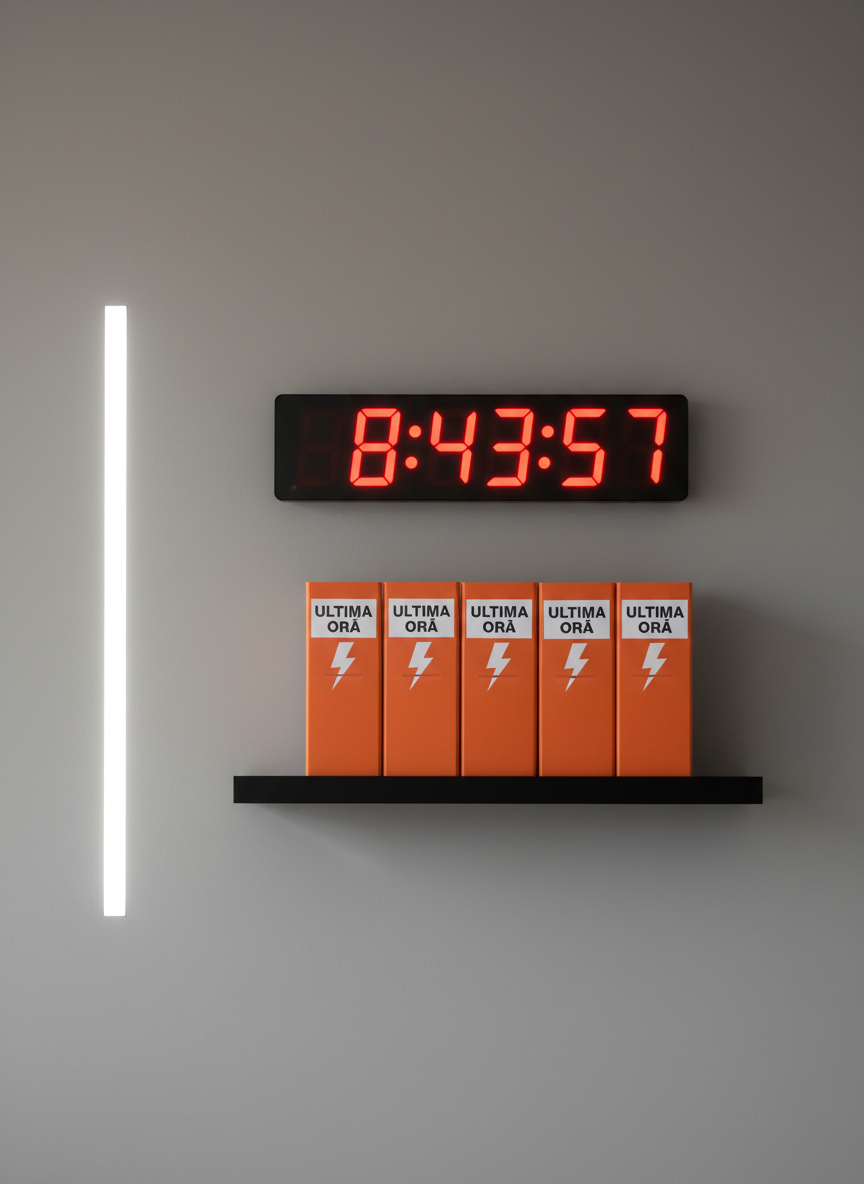 A large digital wall clock displaying precise 24-hour time in bold red digits hangs above a sleek black shelf holding a row of identically labeled “Ultima Oră” alert folders in bright emergency orange. The wall is a smooth, neutral gray, and a narrow vertical light strip beside the clock emits cool white light, casting a clean, elongated reflection along the surface. The composition is tightly framed, emphasizing urgency and precision, with the clock slightly off-center for dynamic balance. The mood is intense and time-sensitive, symbolizing breaking news coverage. Shot straight-on at eye level with sharp focus and minimal background distractions, the photographic realism style highlights smooth textures, crisp typography, and strong contrast, perfectly suited for illustrating urgent, up-to-the-minute reporting.