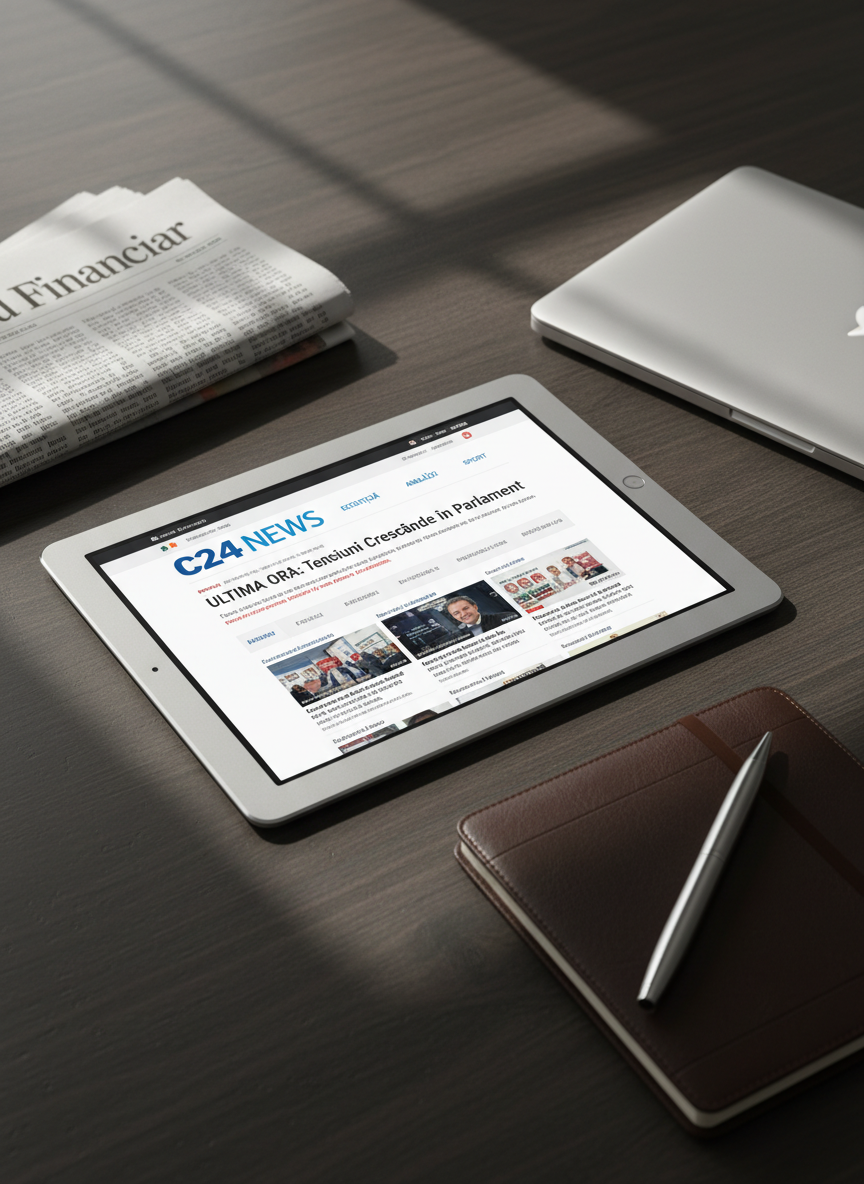 A digital tablet with a brushed aluminum frame lies on a dark wooden desk, its high-resolution screen displaying the C24 News homepage with clear Romanian headlines, “Ultima Oră”, politics, economy, and analysis sections. Around the tablet are neatly stacked business newspapers, a closed slim laptop, and a metal pen resting beside a leather notebook. Soft daylight from an unseen window casts diagonal highlights across the desk, creating defined yet gentle shadows that emphasize texture. The mood is focused and analytical, suggesting a professional workspace where breaking news is constantly monitored. Shot from a slightly elevated angle with shallow depth of field, the tablet is in razor-sharp focus while the edges of the desk and background blur subtly, creating a clean, modern photographic realism aesthetic.