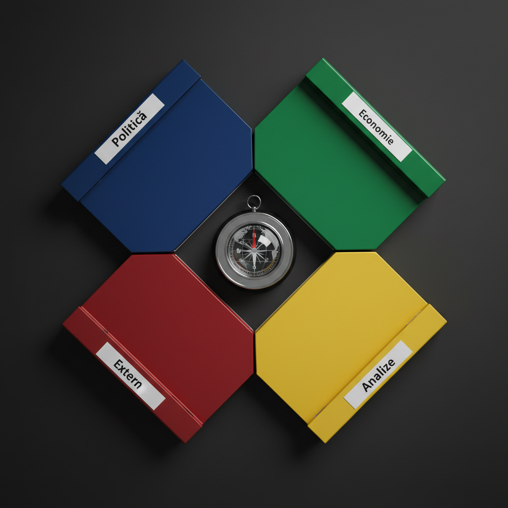 A circular arrangement of glossy, color-coded folders labeled “Politică”, “Economie”, “Extern”, and “Analize” in crisp Romanian typography lies on a matte charcoal surface. In the center, a metallic compass with a red needle points toward a small, glass-encased globe etched with fine continental details. Cool, directional overhead lighting creates subtle reflections on the globe and soft shadows under the folders, adding depth and dimension. The atmosphere is serious and investigative, suggesting structured, in-depth coverage of national and global events. Photographed from a top-down, bird’s-eye perspective with sharp focus throughout, the composition is geometrically precise and balanced, embodying an organized, professional news analysis concept in a high-end, photographic realism style.