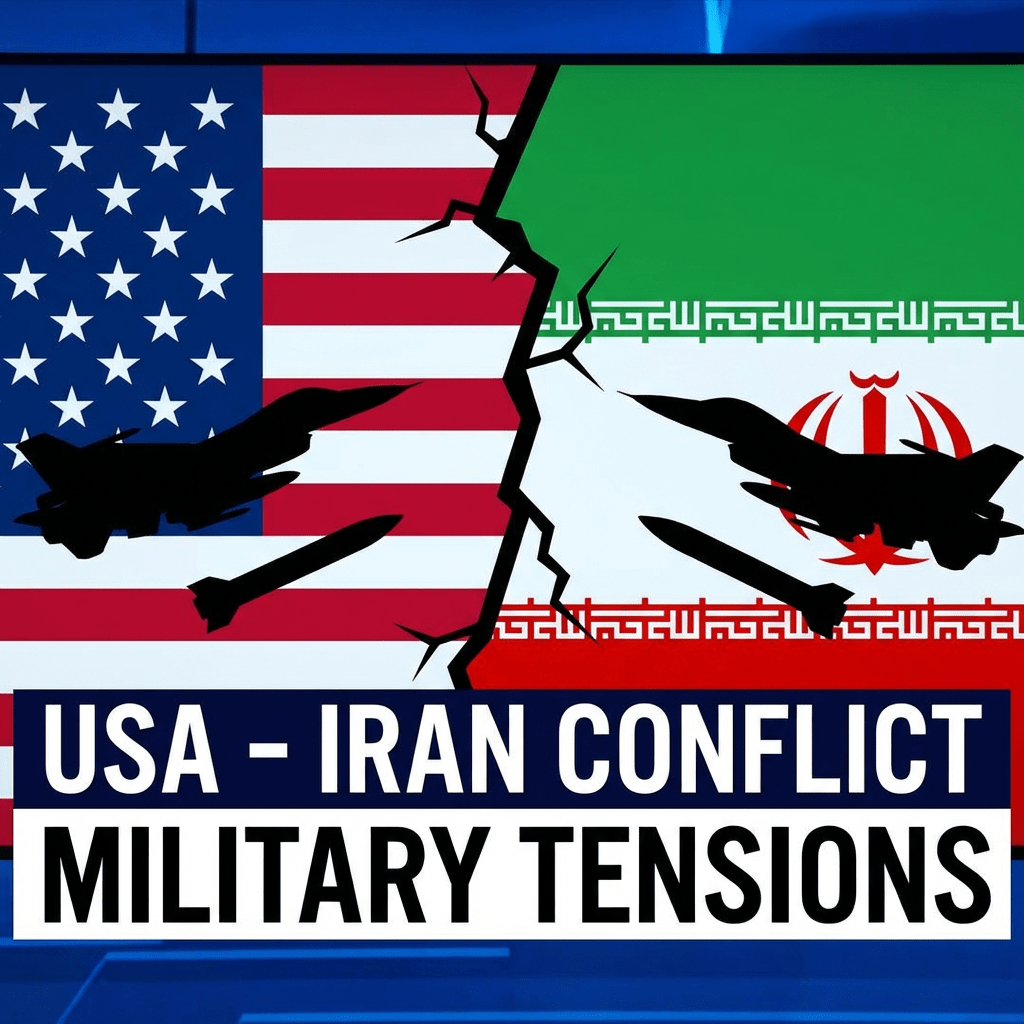 Graphic with USA and Iranian flags, fighter jets, missiles, and text: USA - IRAN CONFLICT MILITARY TENSIONS.