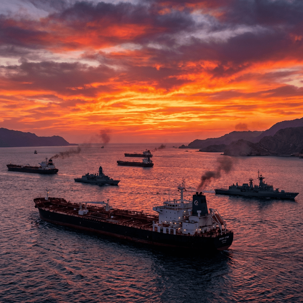 Cargo ships and naval vessels navigating coastal waters under a dramatic sunset sky.