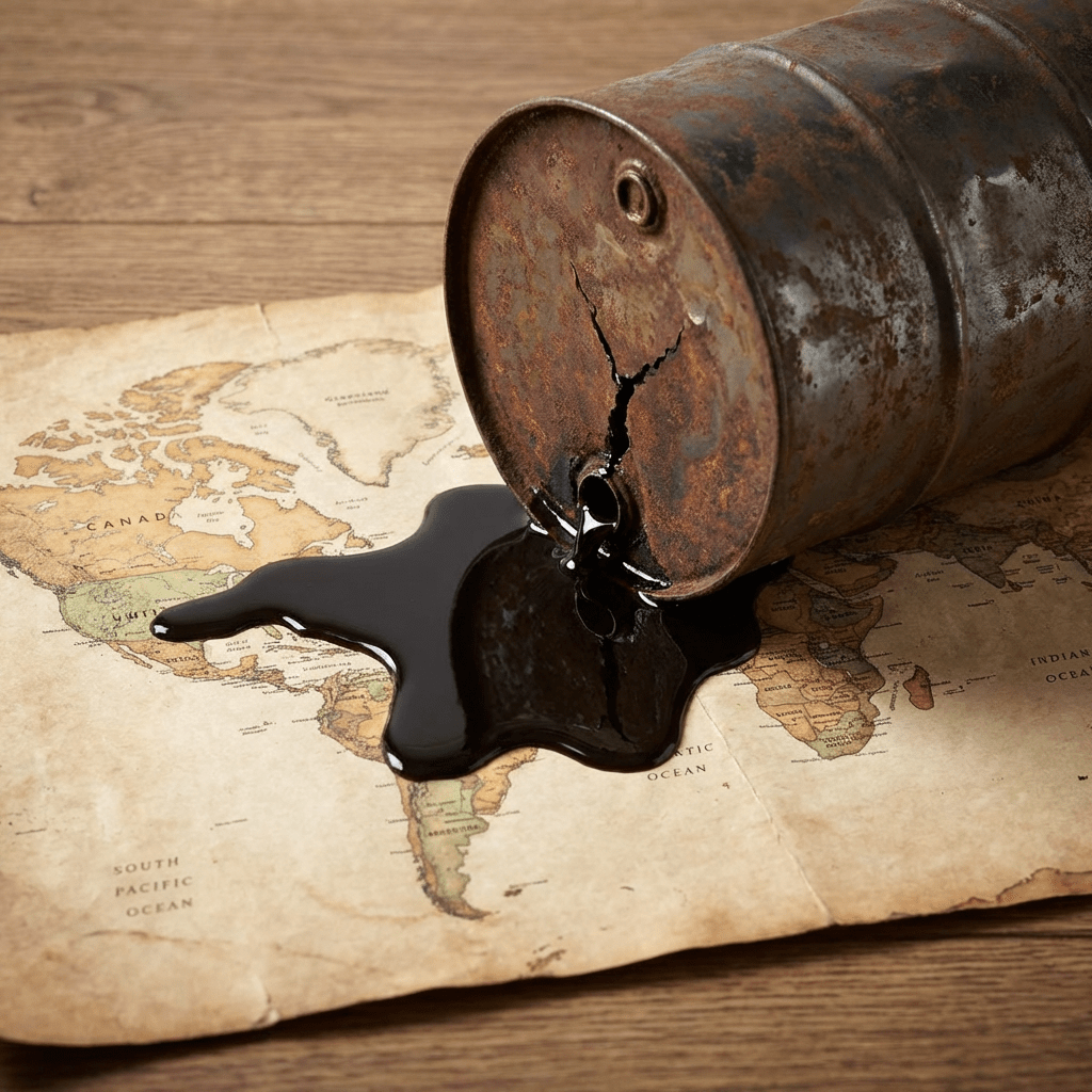 A leaking rusty oil barrel spilling dark crude oil over a vintage map of the world.