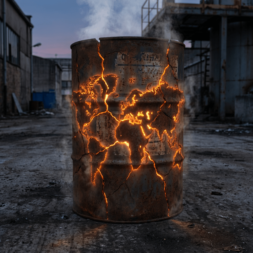 Rusty industrial barrel with glowing orange cracks shaped like a world map.