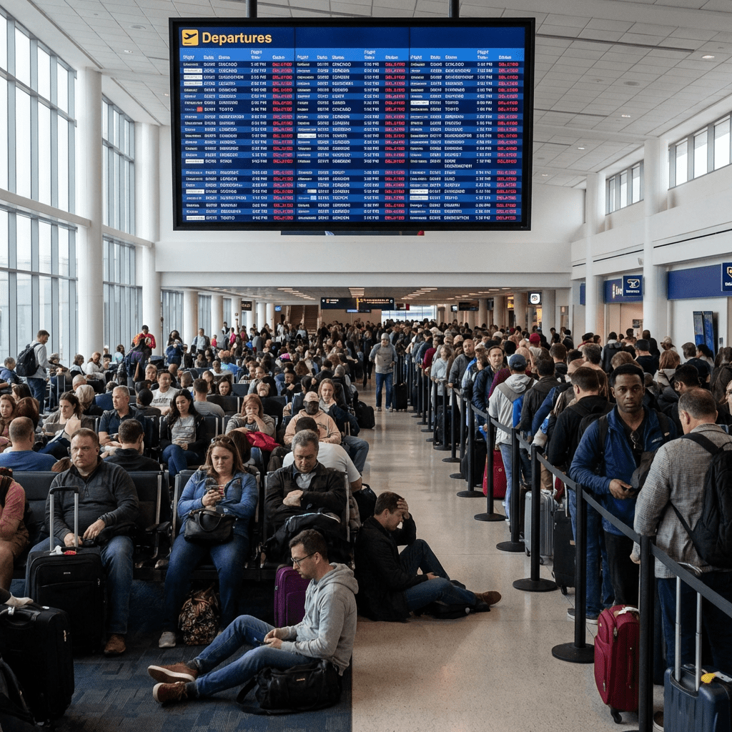 A crowded airport terminal with a departures board displaying numerous cancelled flights.