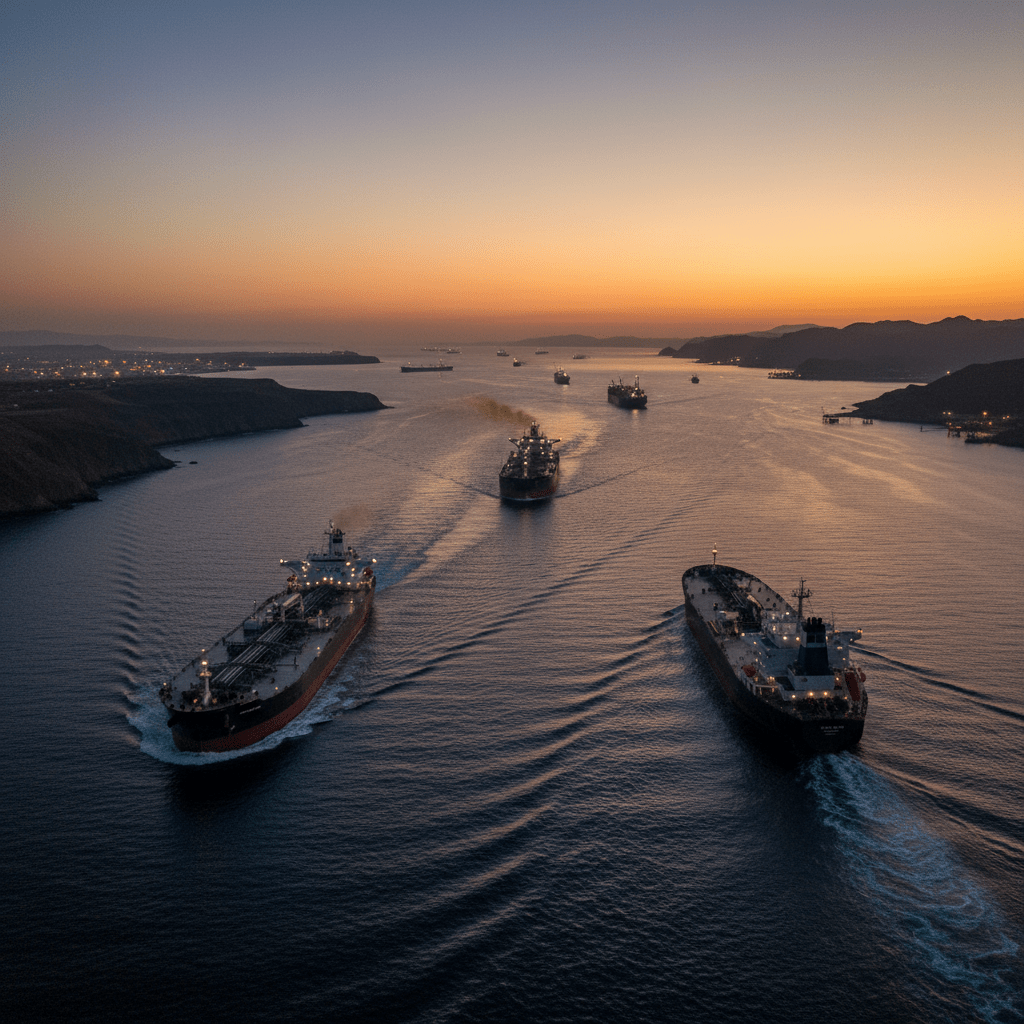 Multiple oil tankers sailing through a wide coastal channel at sunset