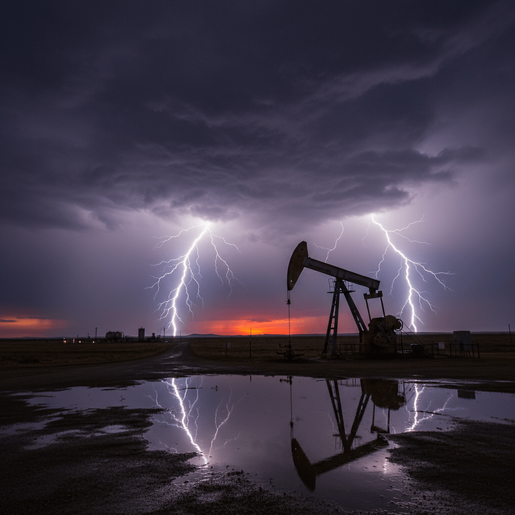 Two lightning bolts strike near an oil pumpjack at dusk, reflected in a water puddle on the ground.
