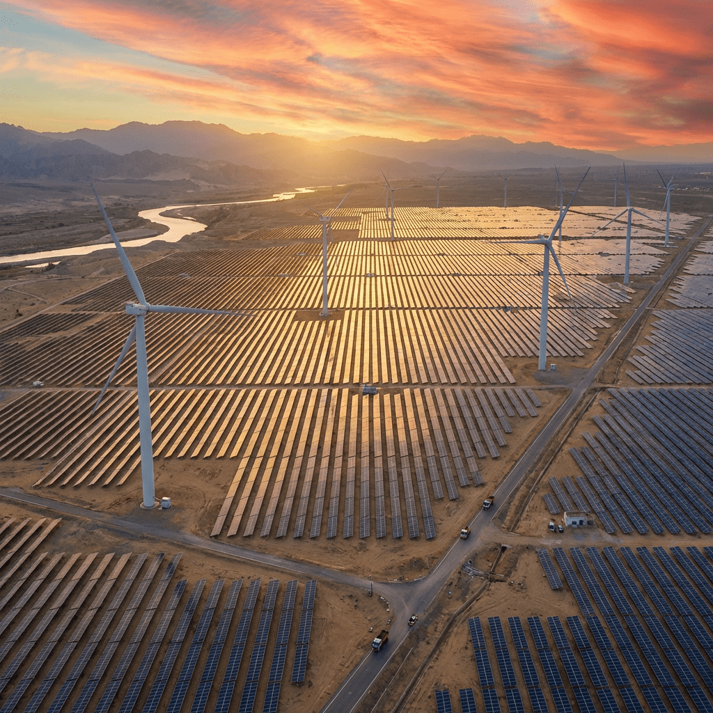 Large renewable energy farm with rows of solar panels and wind turbines at sunset