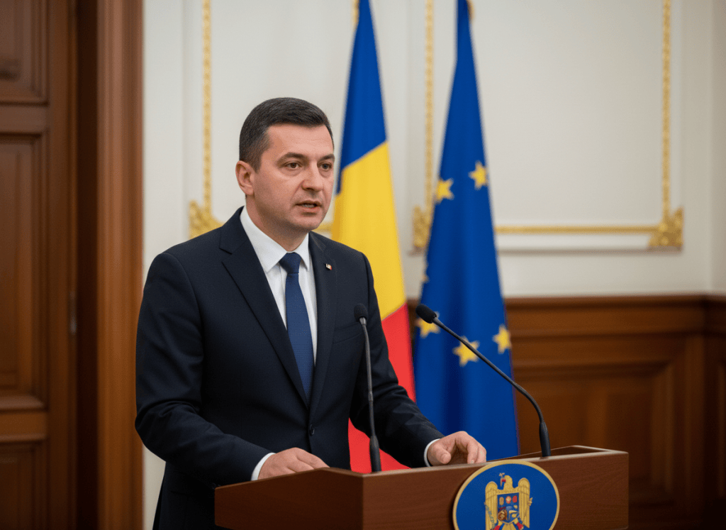 Președintele Nicușor Dan vorbind la un pupitru, cu drapelele României și Uniunii Europene în fundal