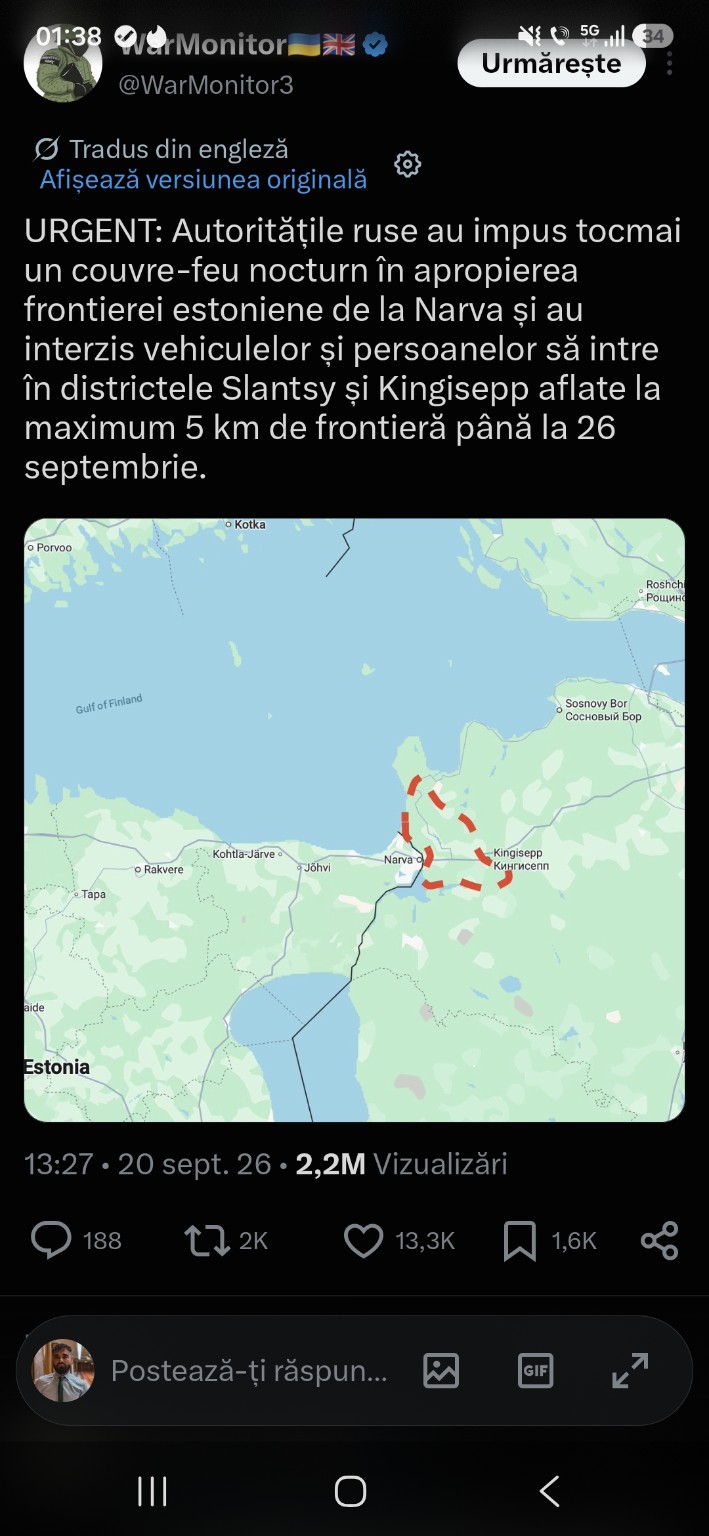Postare despre restricțiile nocturne impuse de FSB în zona de frontieră cu Estonia, în apropiere de Narva