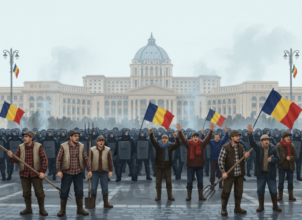 Ilustrație editorială cu jandarmi și protestatari în Piața Victoriei din București