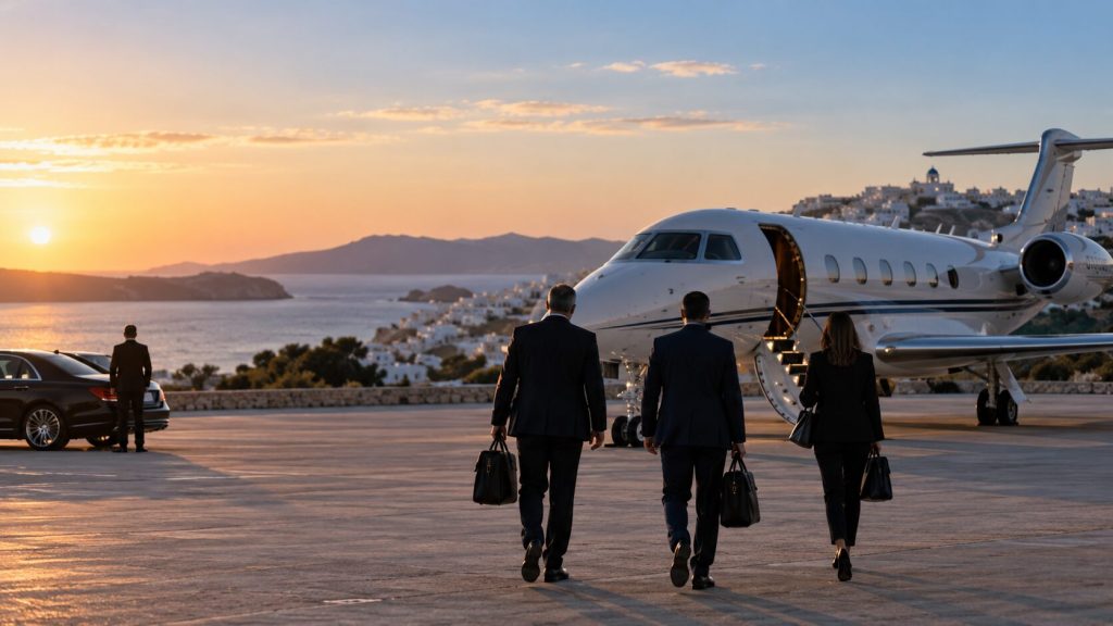 Avion privat pe un aeroport dintr-o insulă grecească, cu persoane anonime îndreptându-se spre aeronavă