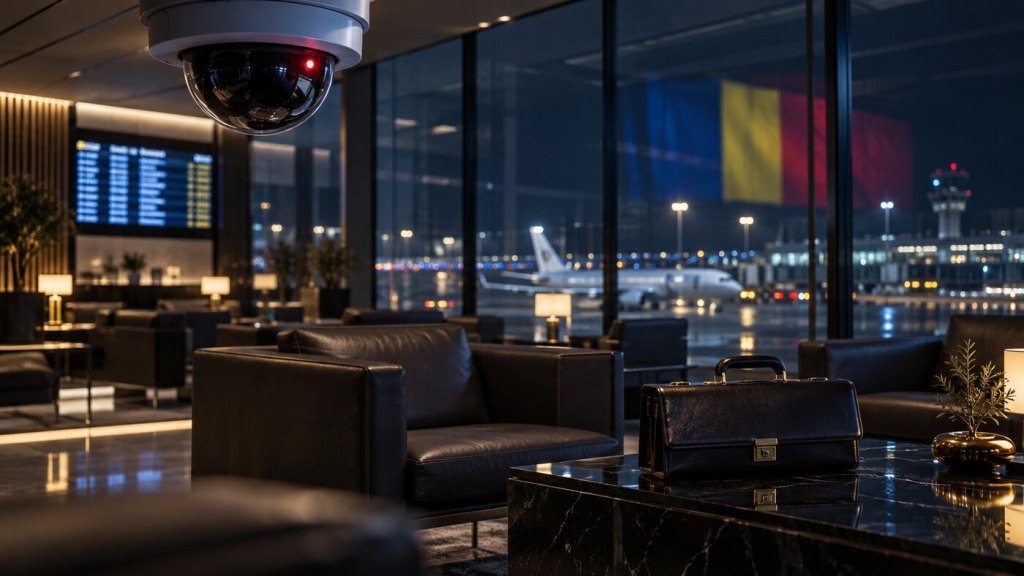 Ilustrație editorială cu o cameră de supraveghere într-un salon VIP de aeroport